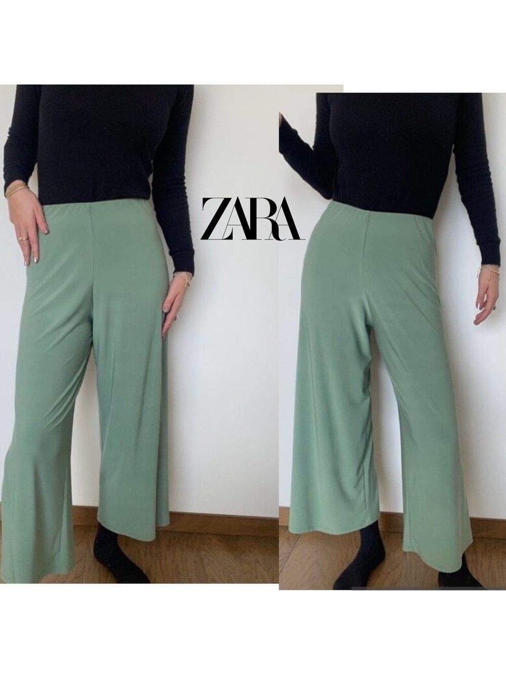 Zara Green stretchy wide leg cropped culottes pants Sz L pull on high rise Sz L